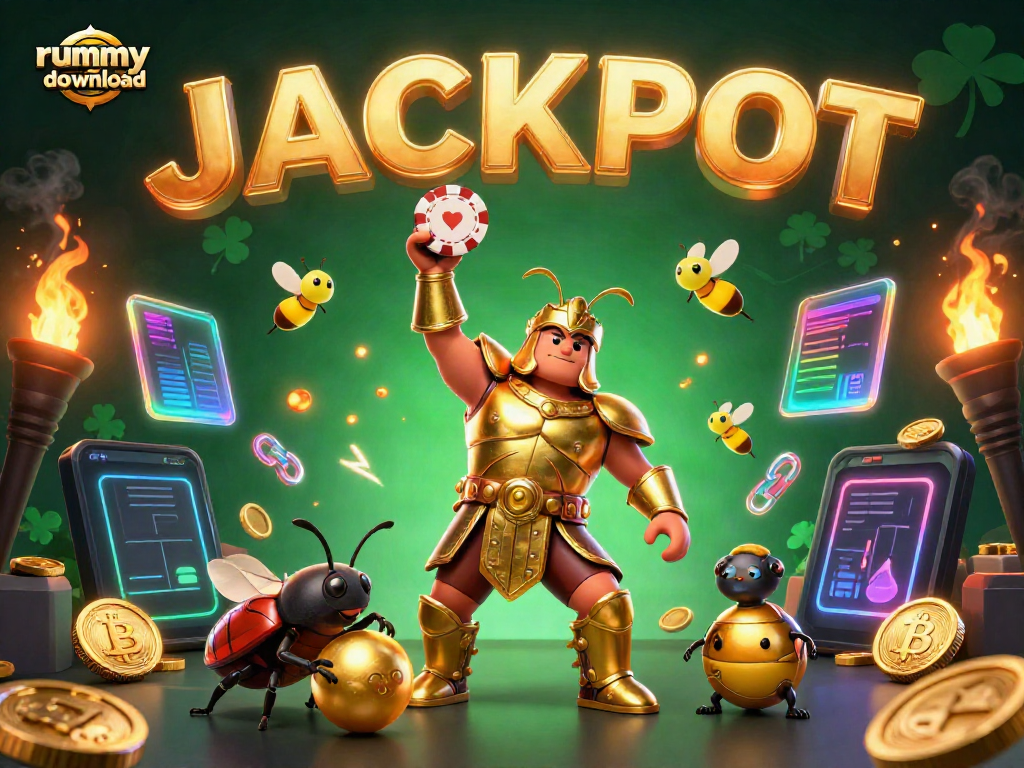 Join the action with rummy ares download as a victorious beetle lifts a poker chip amid glowing coins.