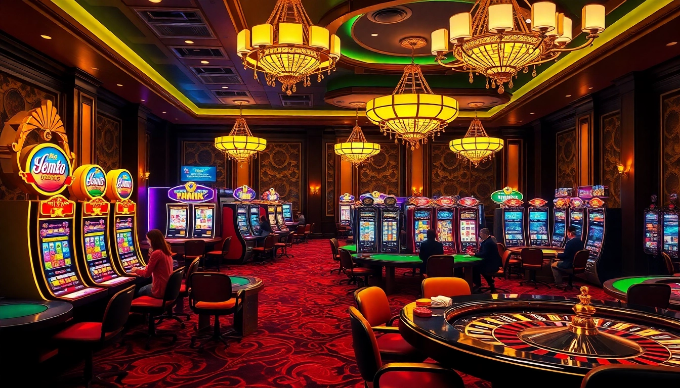 Engaging players experience the excitement of qqmacan's vibrant slot machines in a luxurious casino.