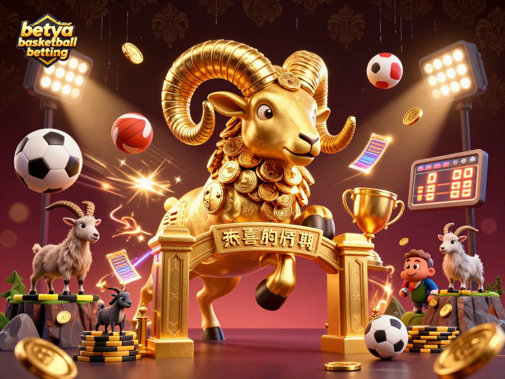 Betya basketball betting showcases an exciting scene with a golden ram and dynamic sports elements, perfect for sports wagers.