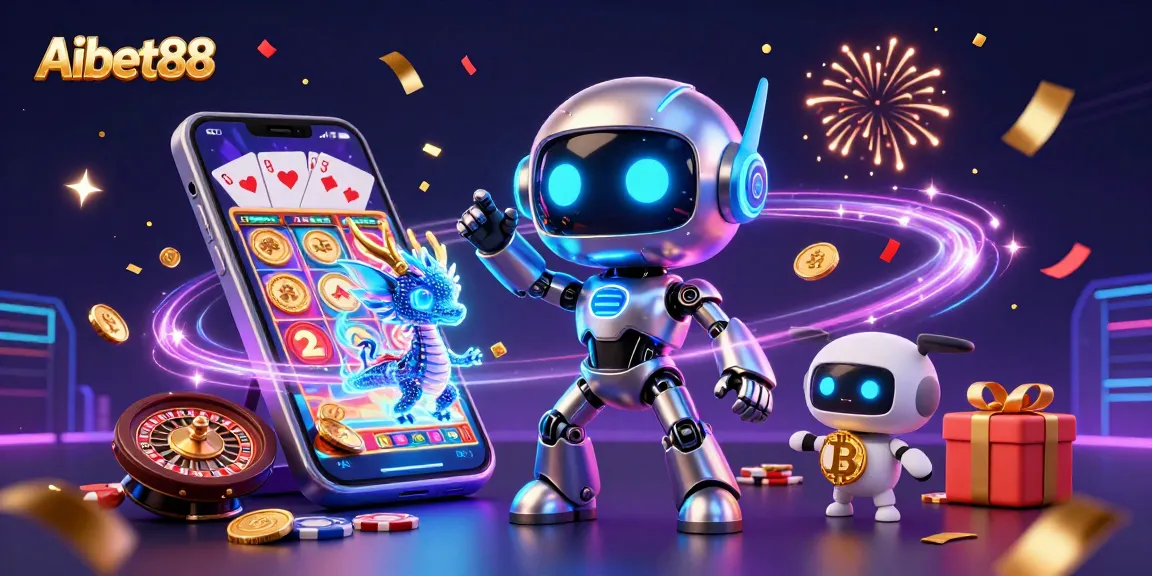 Aibet88 engages players with an exciting 3D casino scene featuring a cyberpunk robot and vibrant slot games.