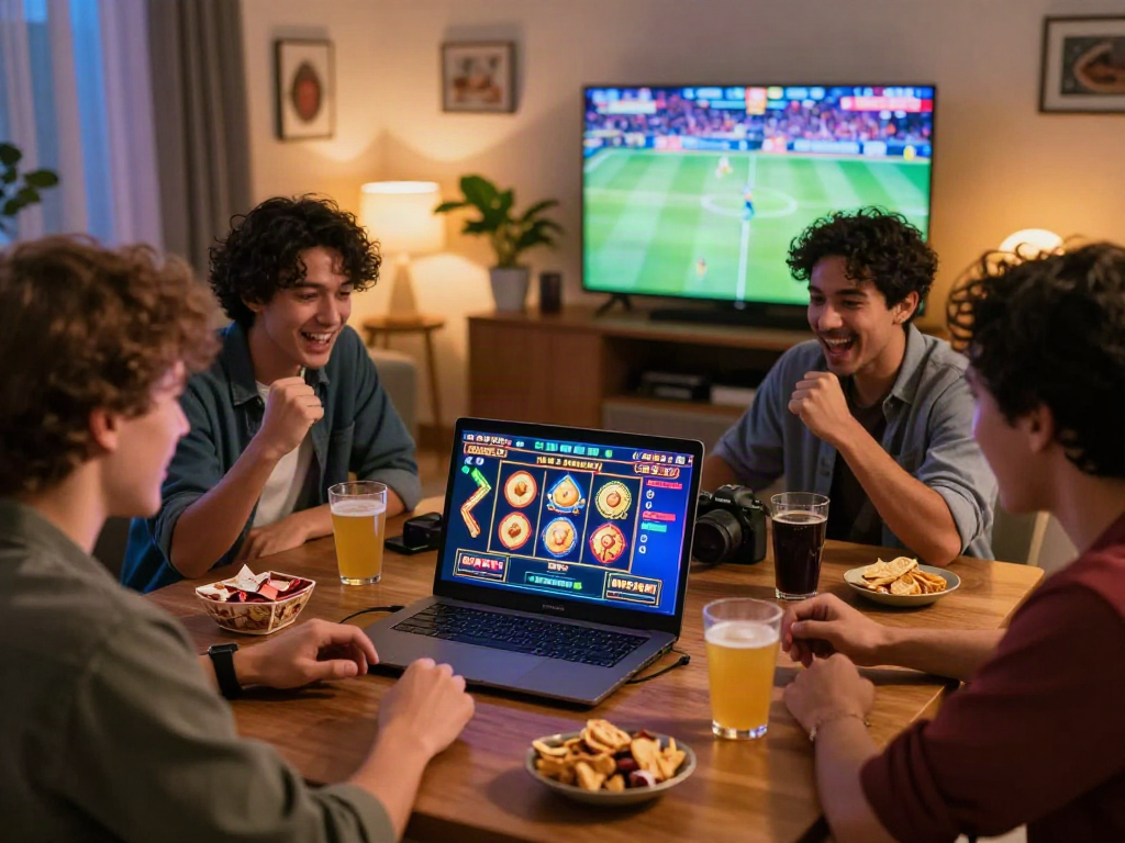 Friends enjoying gaming on situs MPOCASH in a cozy setting with snacks and a thrilling atmosphere.