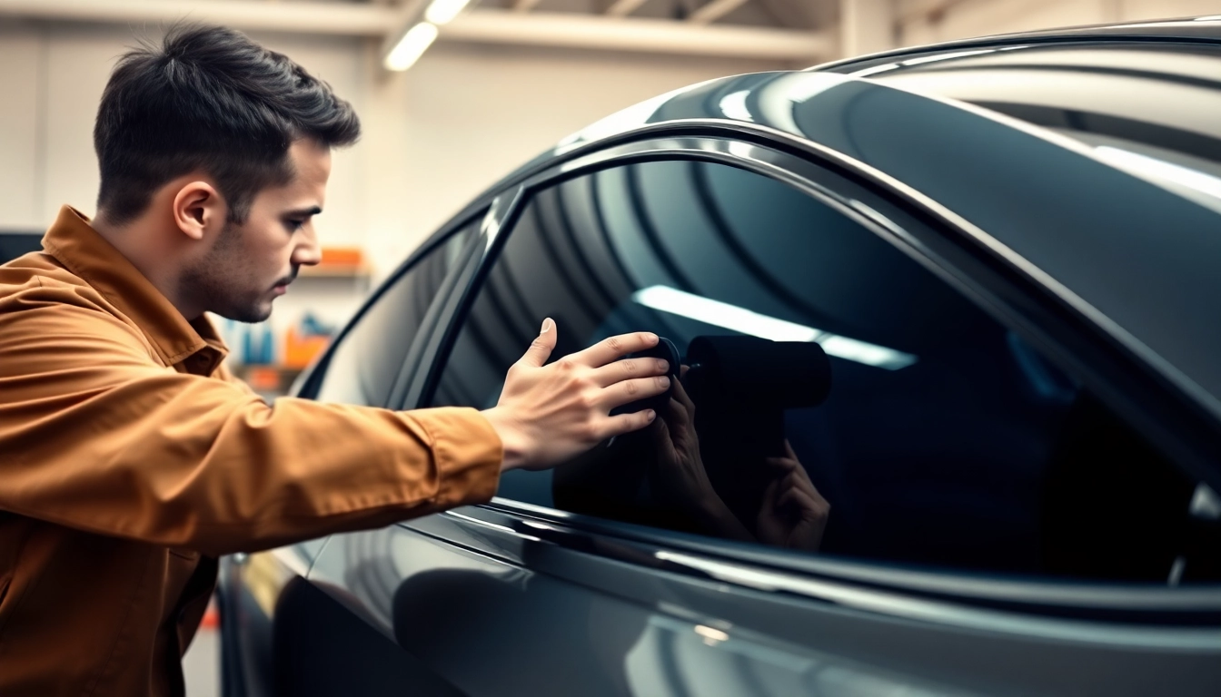 Apply auto window tint near me with a technician expertly working on a sleek car.