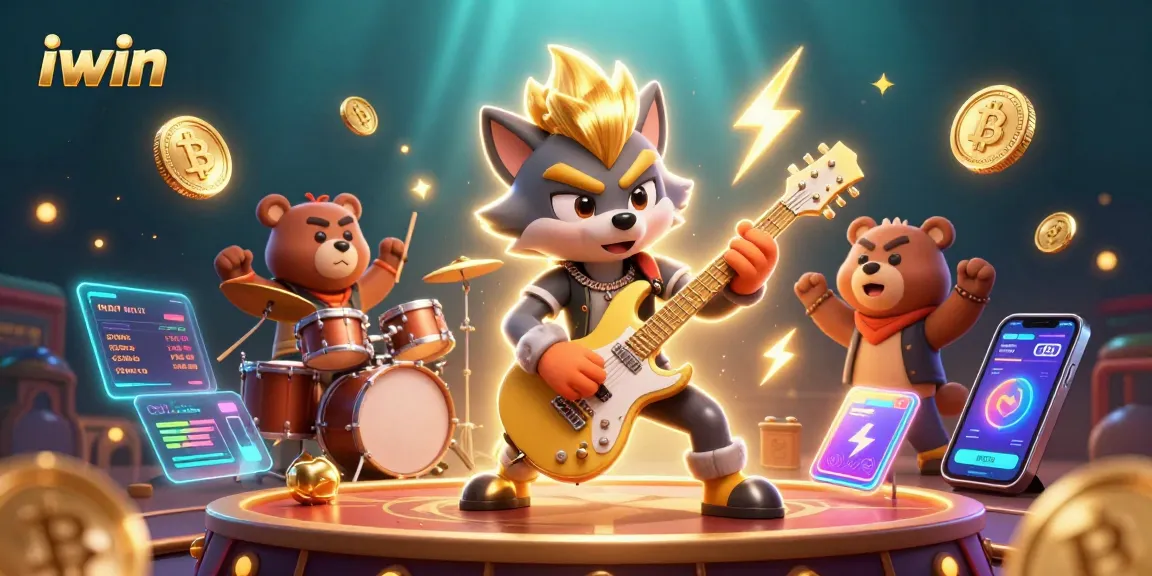 Experience iwin with a 3D cartoon rock star wolf and drummer bear performing in a vibrant casino setting.