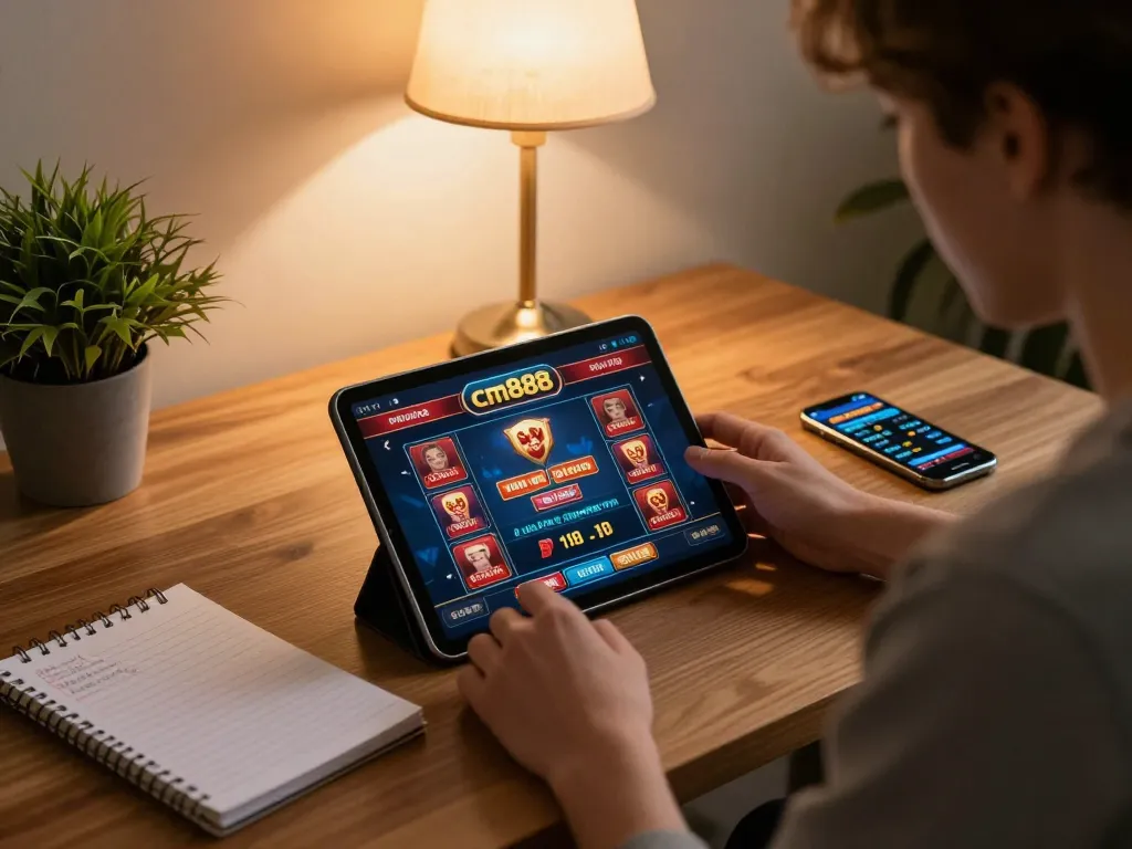 Engaged player enjoying cm888 online casino experience with tablet and strategy notes.