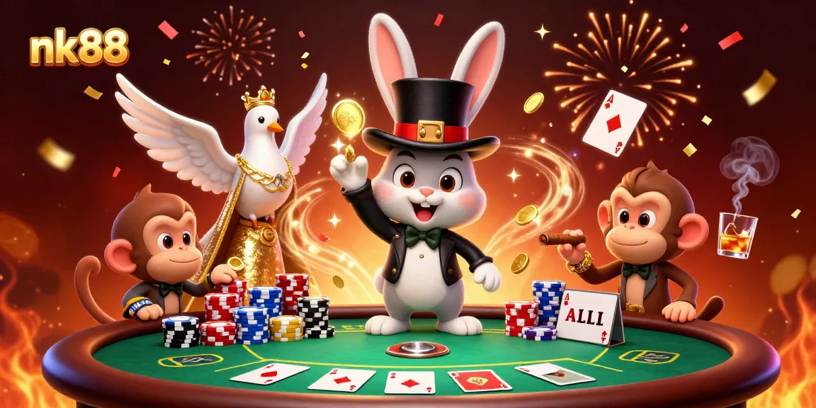 Experience the magic of nk88 with a lively casino scene featuring a magician rabbit and poker action.