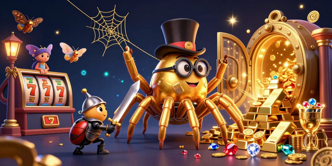 Permainan slot resmi mengagumkan dengan tarantula emas dan ksatria kecil, dipenuhi koin dan harta karun.