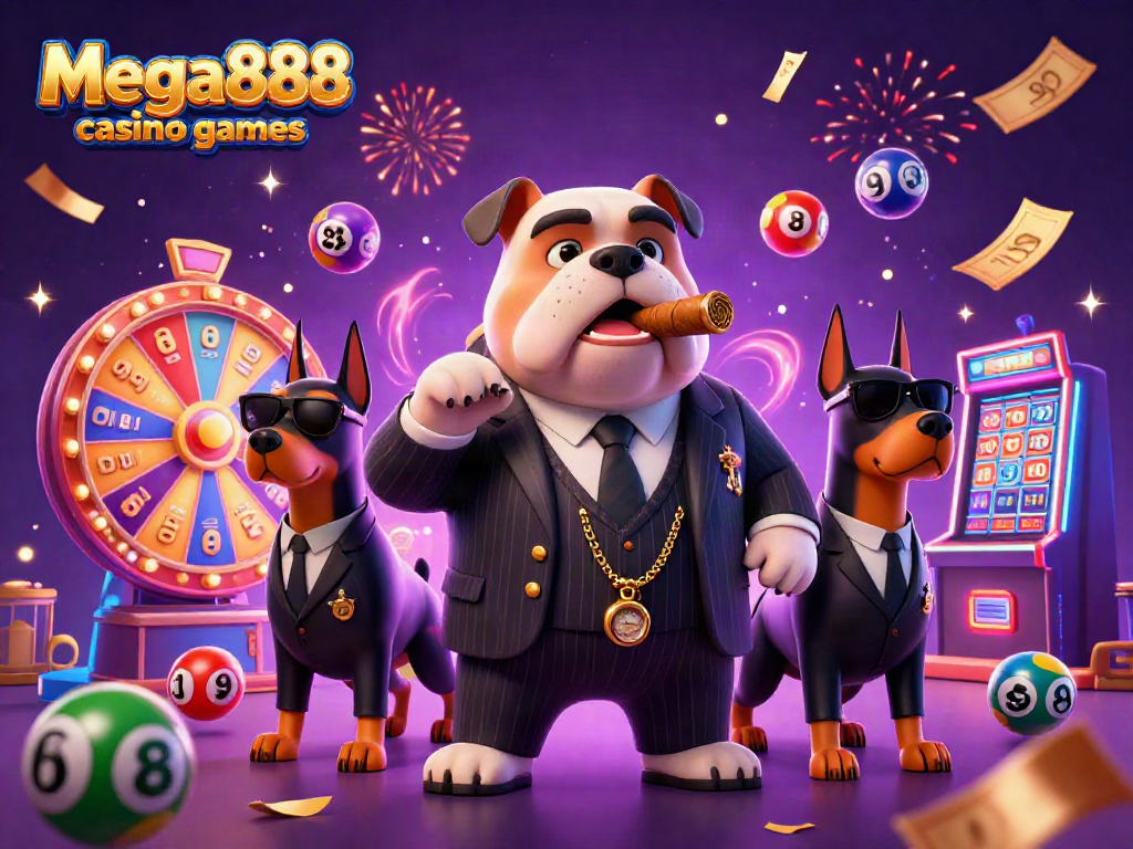 Engage with Mega888 casino games featuring 3D cartoon characters amidst dynamic gambling elements.