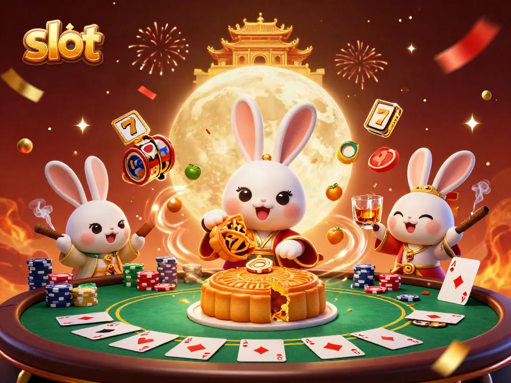 Slot kelinci bulan memukul kue bulan emas dengan chip poker di sekitarnya, ilustrasi kasino.