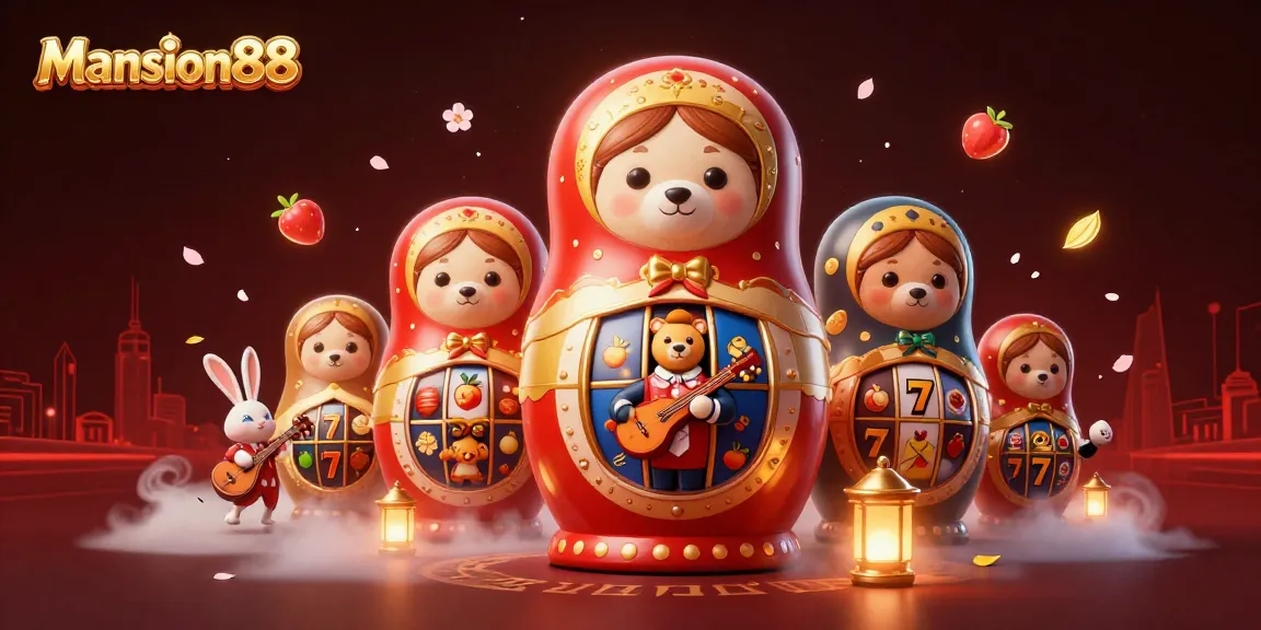 Engage with the vibrant world of Mansion88 featuring festive scenes with cartoon characters in a casino setting.