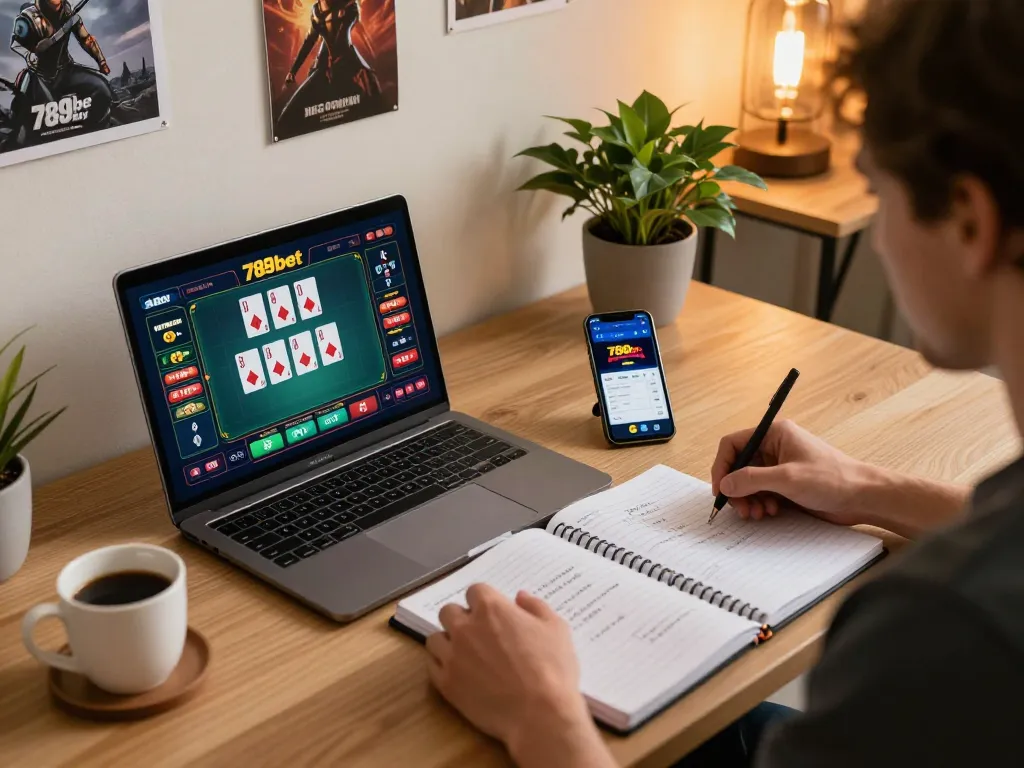 Engaged player analyzing poker strategies on 789bet casino app in a cozy home workspace.
