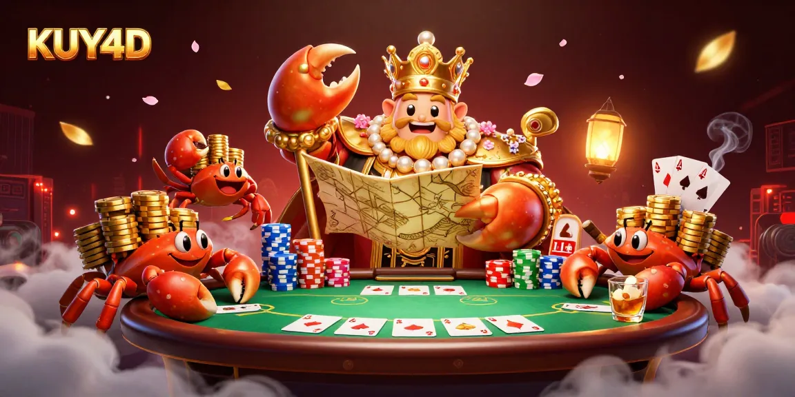Menangkan permainan di KUY4D dengan gambar raja kepiting emas dan krunya, membawa chip emas.