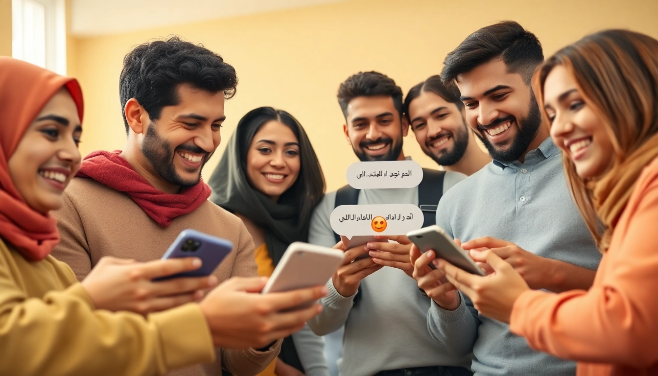 بيئة دردشة عبر الإنترنت ديناميكية تعرض شات الرياض مع شباب عرب متنوعين يتواصلون.