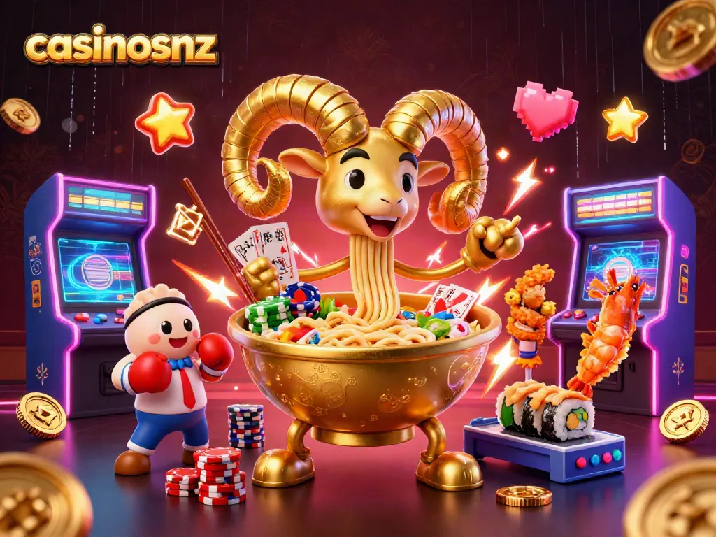 Engage with casinosnz as the golden ramen bowl deals cards and stacks chips amid vibrant gaming elements.