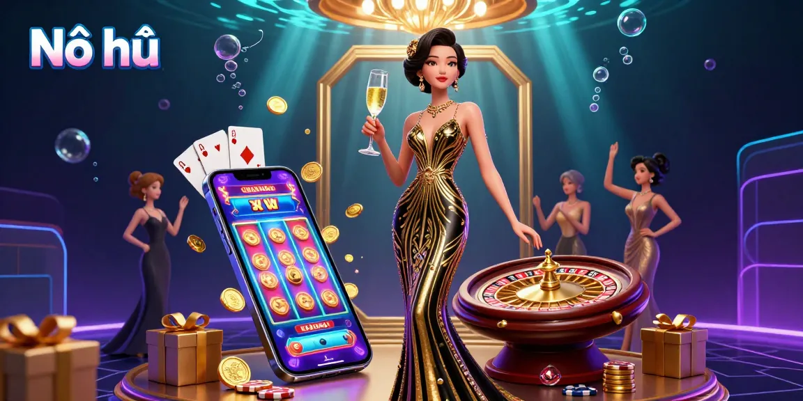 Nổ hũ jackpot excitement with elegant lady enjoying casino games and golden rewards.