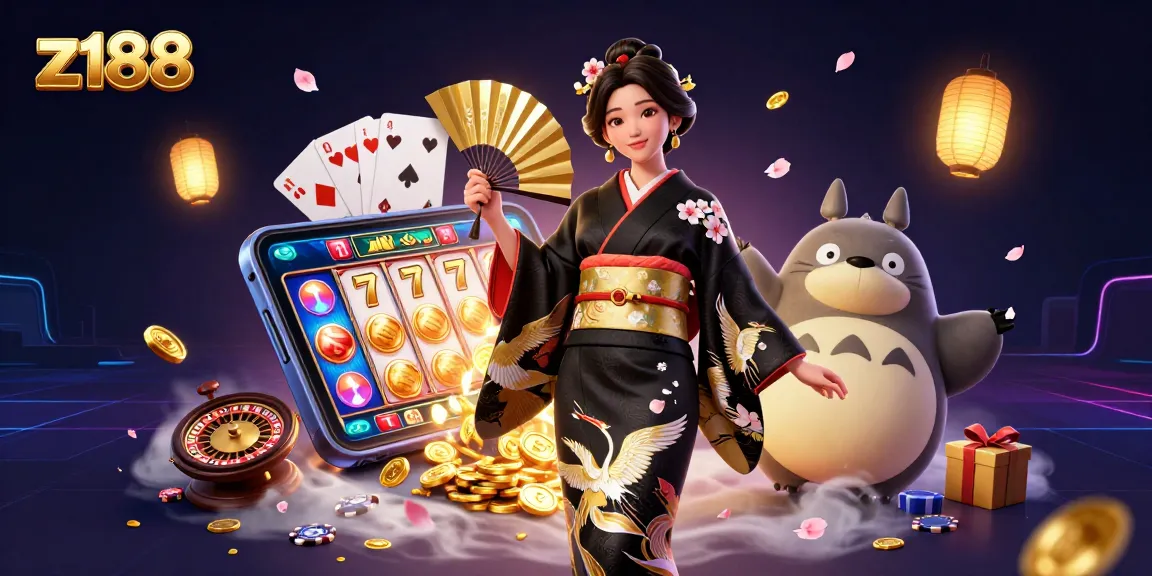 Engage with thrilling games at z188, featuring a vibrant 3D casino scene with an elegant kimono-clad woman.