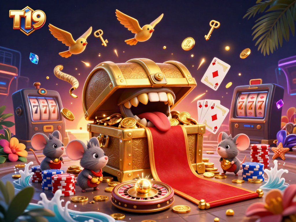 Engage with T19's treasure chest lure amidst cascading coins and vibrant game elements.