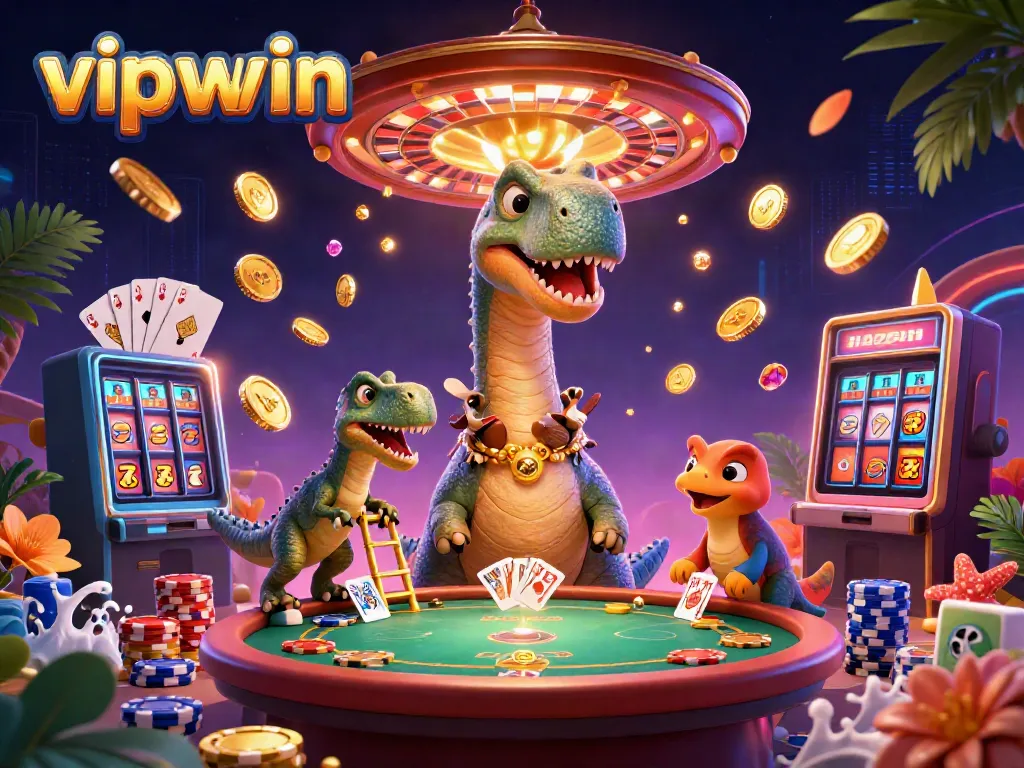 Experience the thrilling atmosphere at vipwwin with a brontosaurus overseeing a vibrant casino scene.