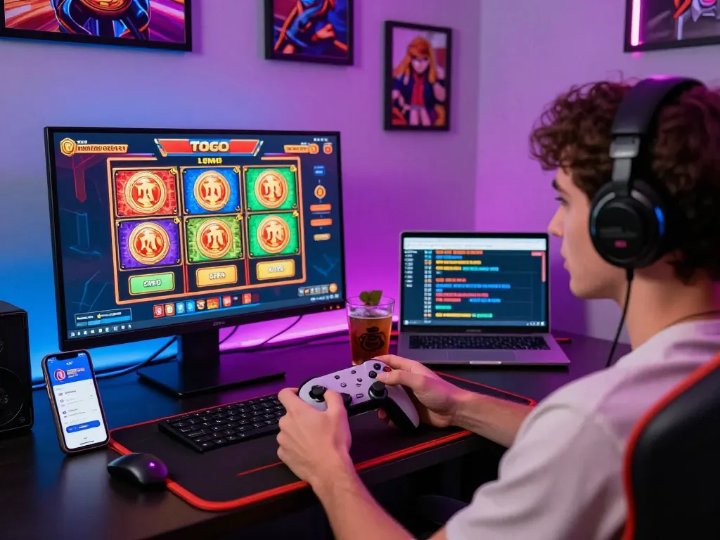 Exciting gaming scene featuring a player immersed in toto togel and slot games, showcasing vibrant gaming setup and atmosphere.