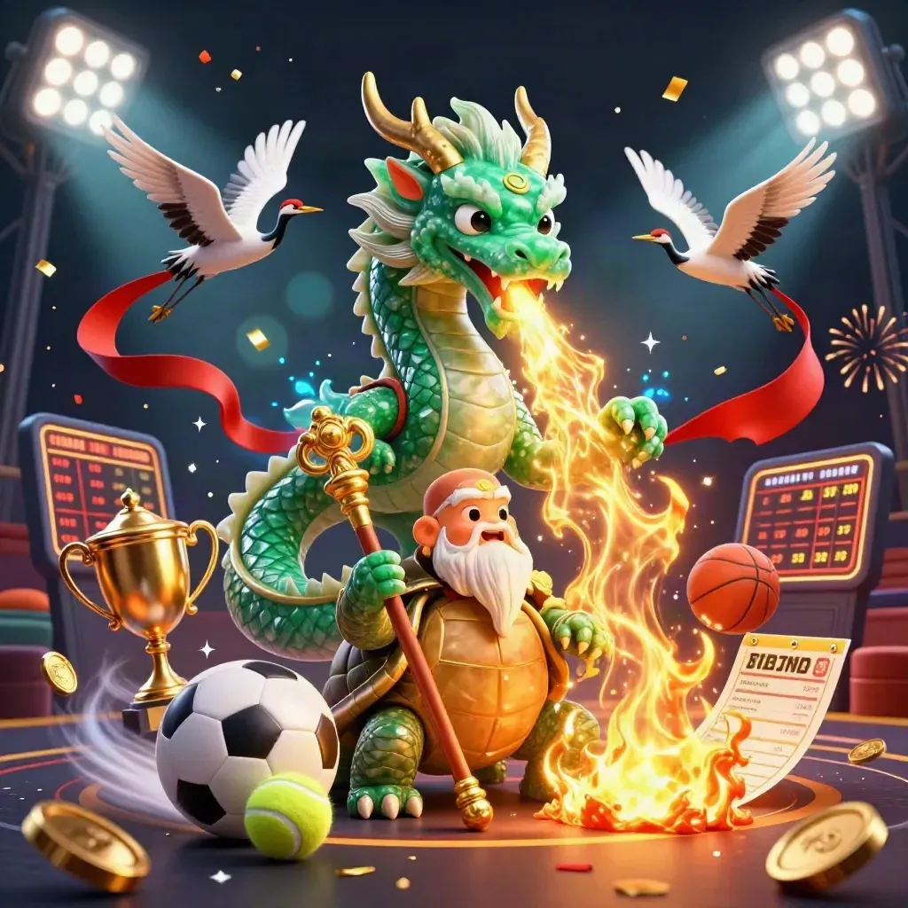 Jade dragon, turtle sage, and cranes amid sports balls, coins, fireworks, and casino lights