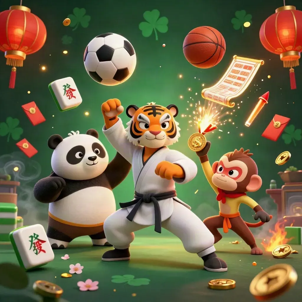 Kung-fu tiger, panda, and monkey amid casino props and flying sports balls.