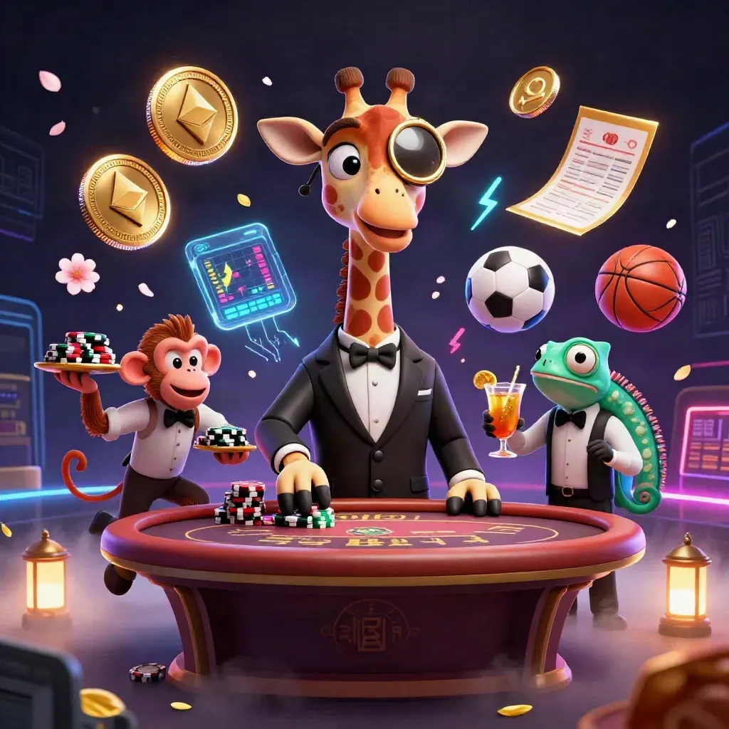 Giraffe, monkey, and chameleon at a VIP table amid glowing crypto coins and casino lights.