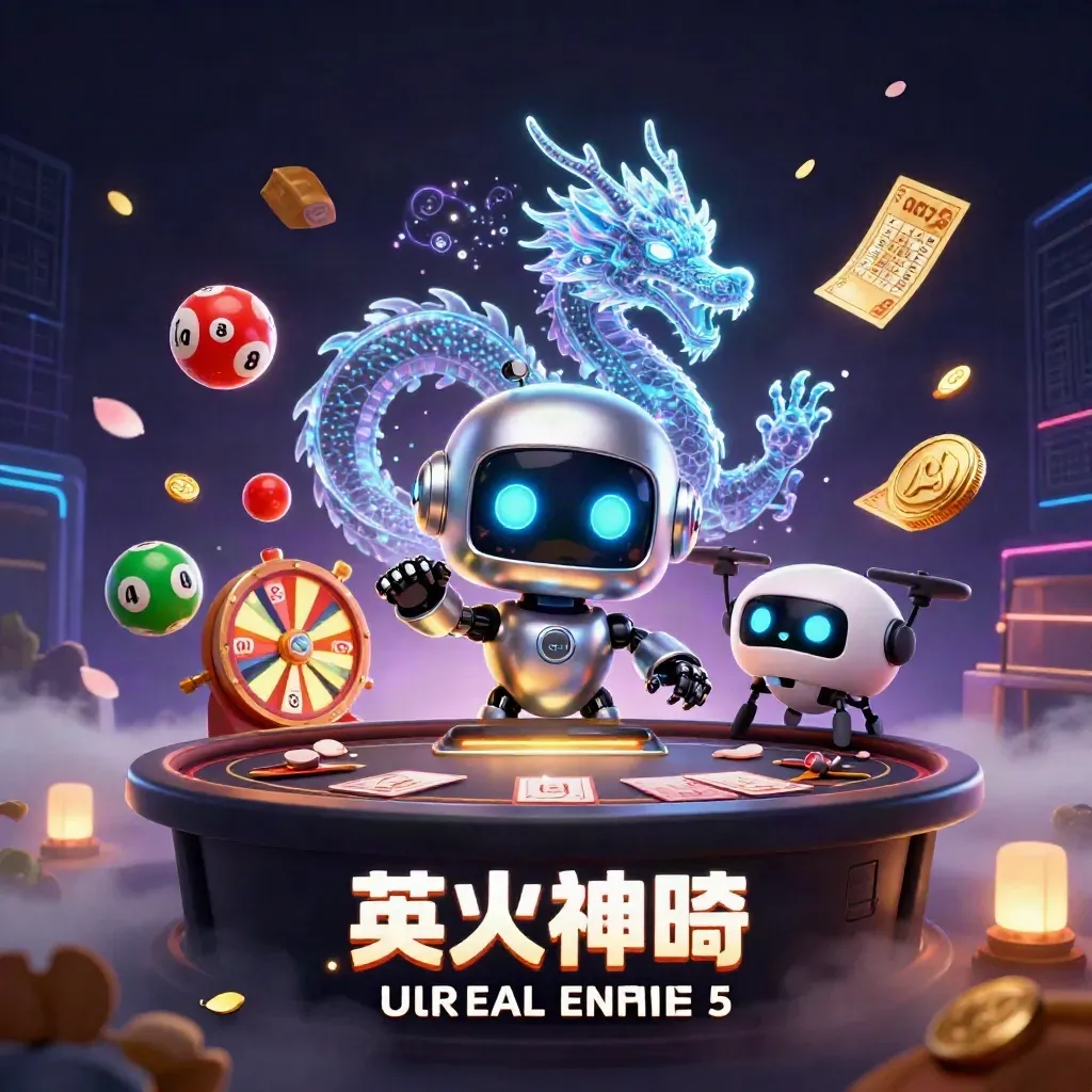 Robot mascot, holographic dragon, and coin drone above a glowing casino table, with casino game elements swirling.