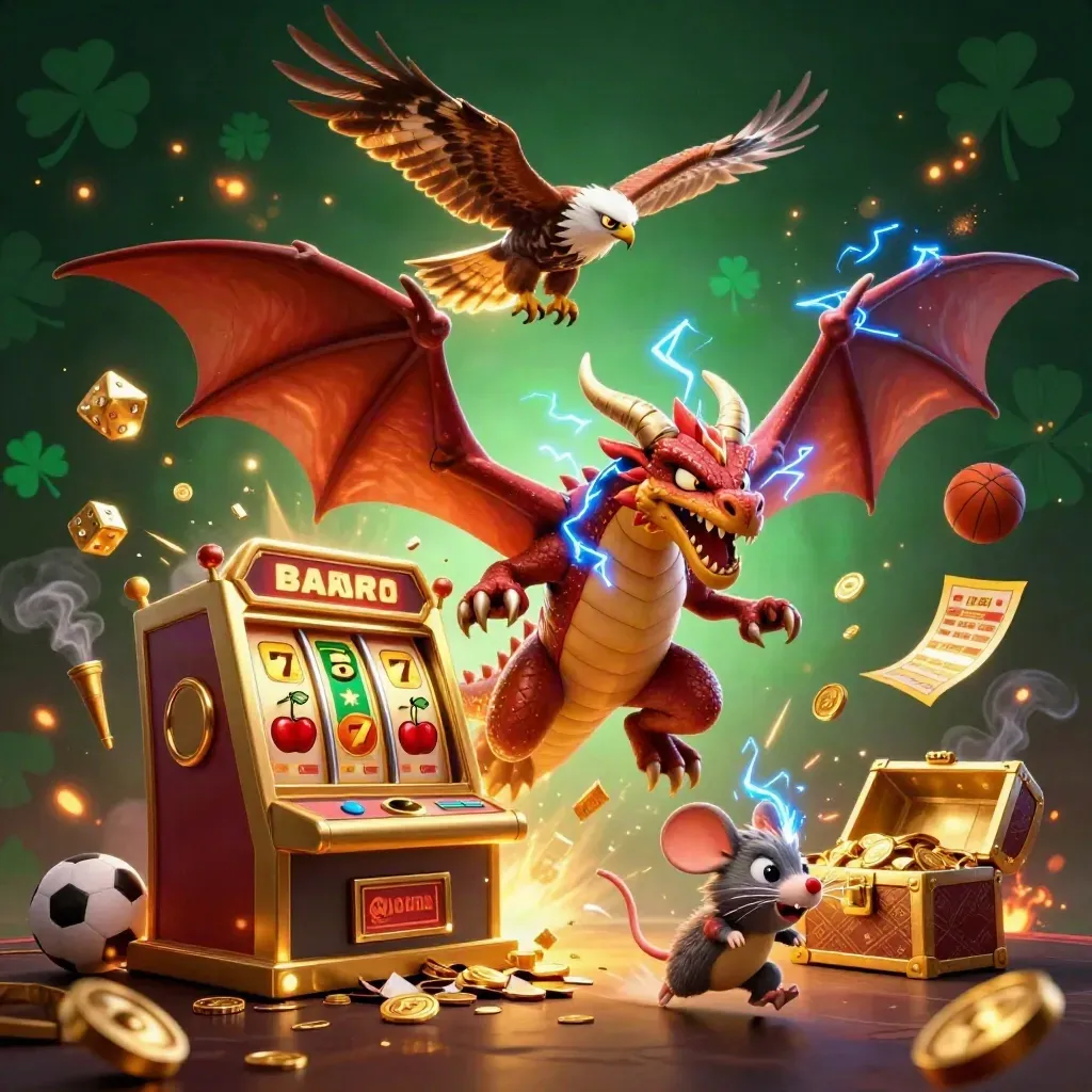 Thunder dragon, wind hawk and sparking mouse amid casino icons on dark emerald black.