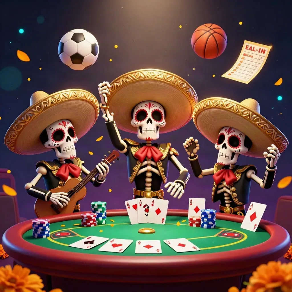 Skeleton mariachi trio amid casino chips, cards, balls, and glowing lights.