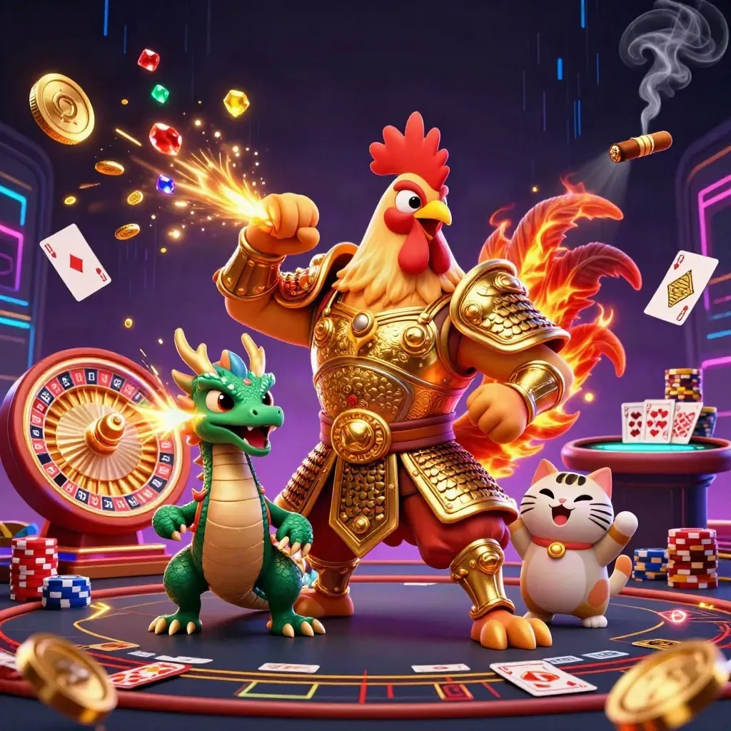 Rooster warrior, dragon hatchling, and fortune-cat amid casino lights and flying gold.
