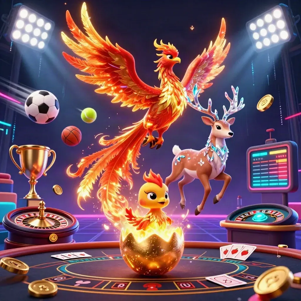 Phoenix, hatching egg, and crystal stag amid casino lights, balls, trophy, coins, and neon energy.