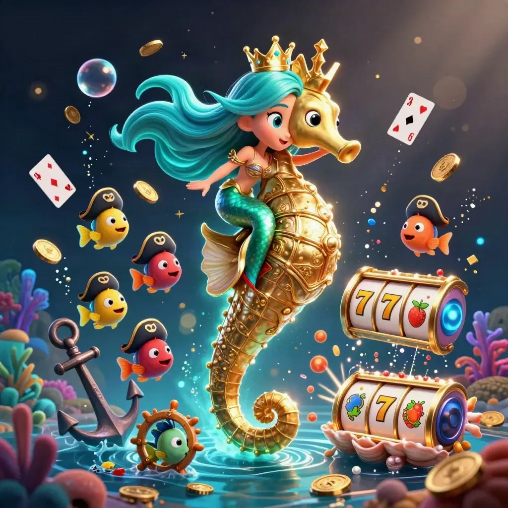Mermaid princess on armored seahorse amid coin burst, cards, coral, pirate fish, and neon casino glow.