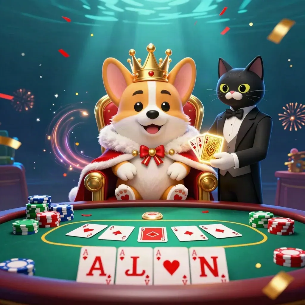 Royal corgi king and cat butler amid poker chips, cards, confetti, and underwater casino glow.