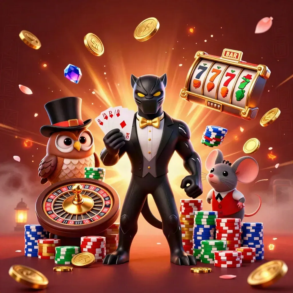 Panther dealer, owl, and mouse amid casino gold, chips, cards, and glowing jackpot effects.