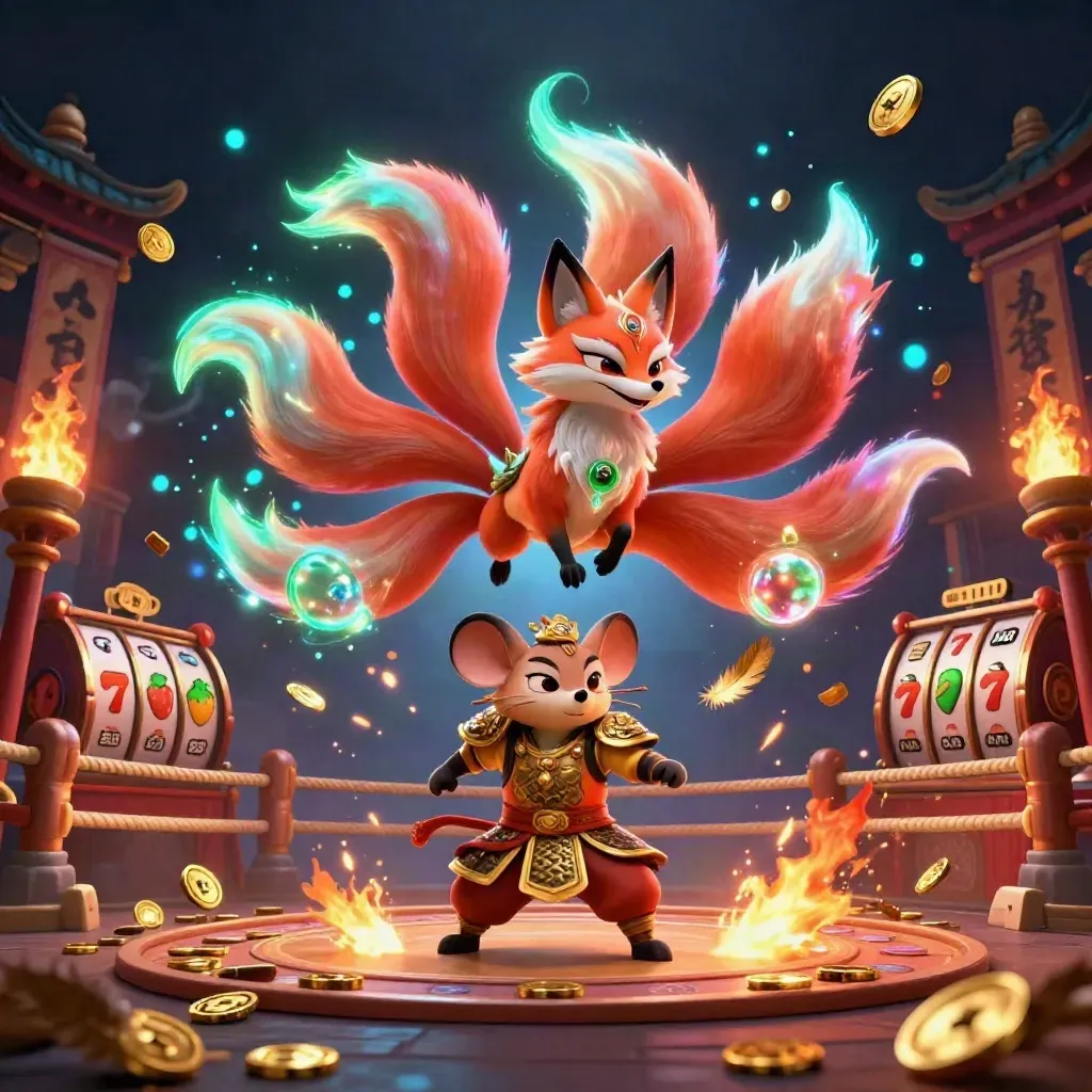 Neon fox spirit and golden samurai mouse burst through a temple casino scene with coins and reels.