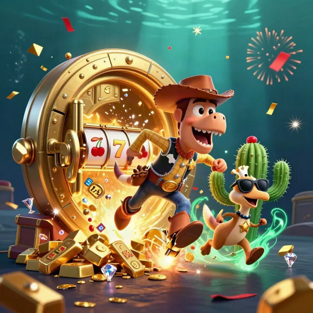 Cowboy T-Rex, cactus pal, and sheriff roadrunner blast from a gold vault in a neon casino splash