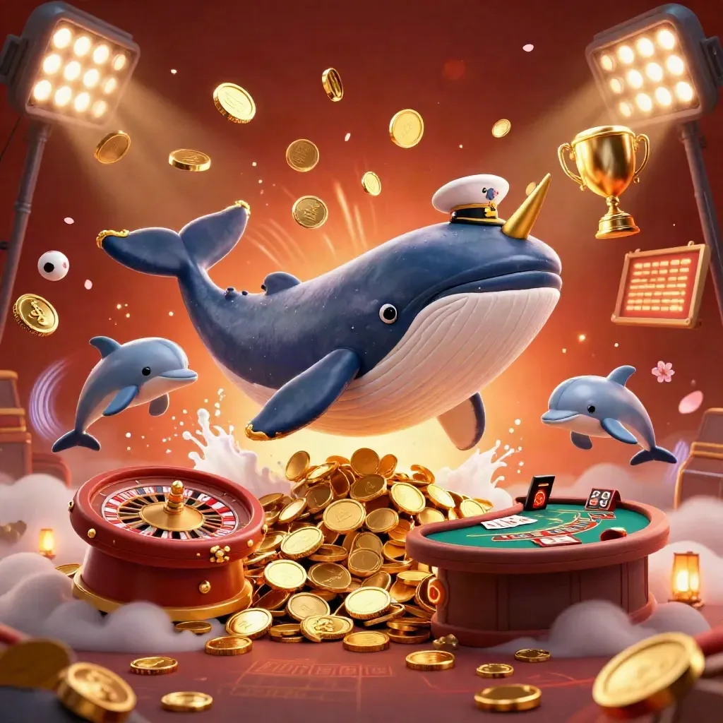 Whale captain, narwhal and dolphins burst from coins with casino props and glowing effects.
