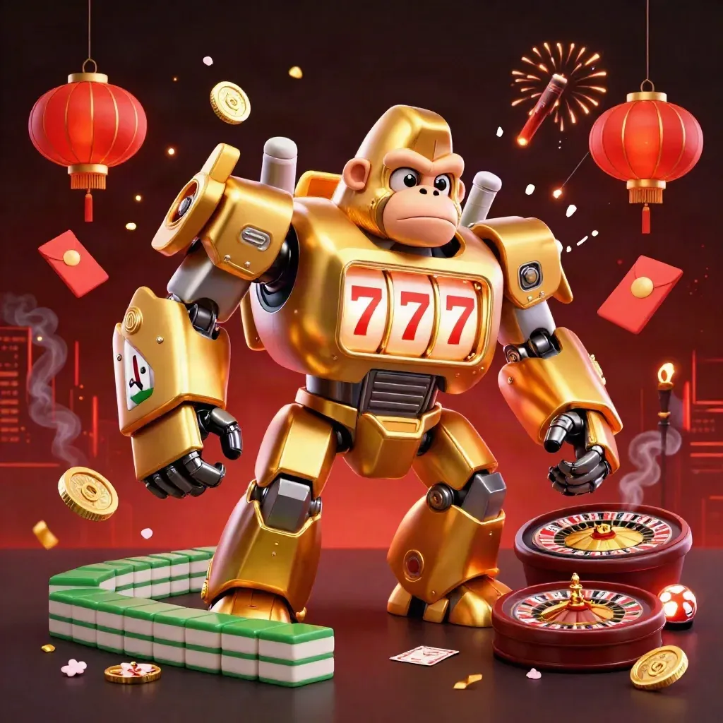 Golden gorilla mech with monkey pilot bursts amid cards, coins, lanterns, fireworks, and casino glow.