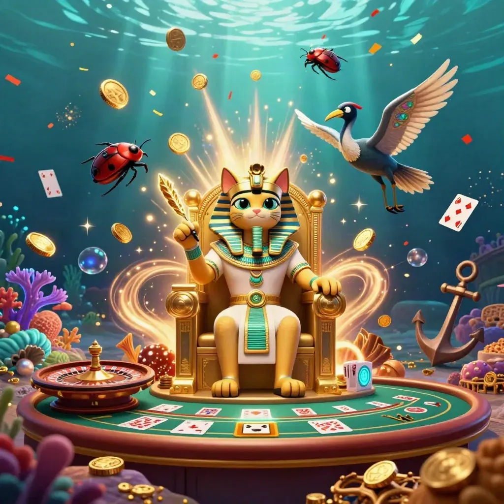 Pharaoh cat, ibis scribe, and scarab beetles amid underwater casino treasure and coins