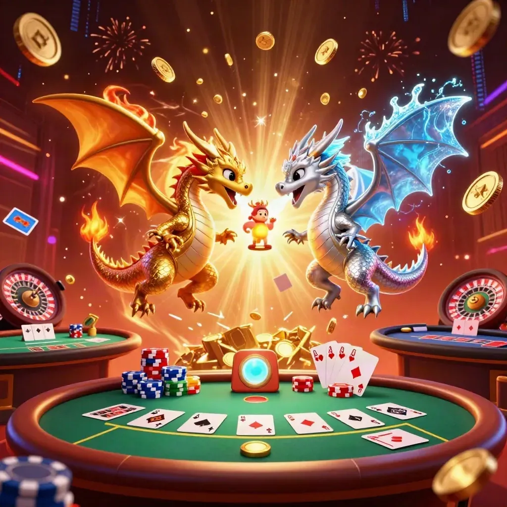 Gold and silver dragons spiral above casino cards, chips, coins, fireworks, and a vault burst.