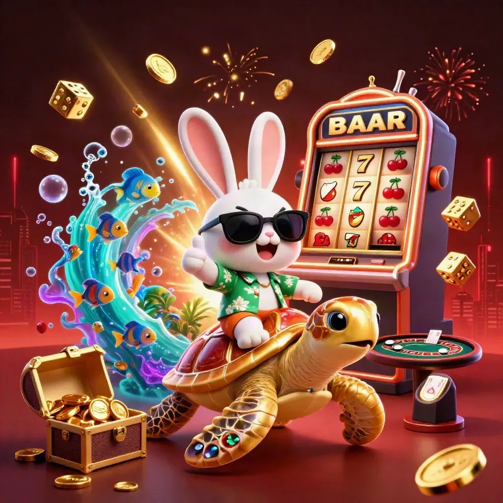 Rabbit on a golden sea turtle amid coins, slot machine bursts, fireworks, and casino symbols.