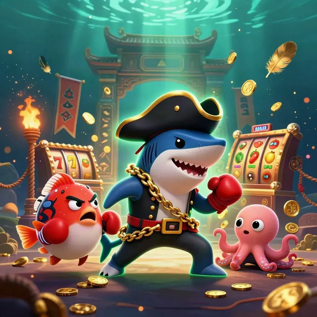 Cartoon pirate shark, pufferfish, and octopus amid casino treasure underwater.