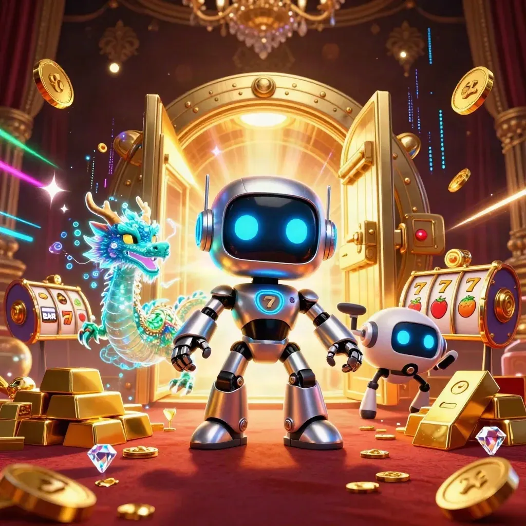 Cyberpunk robot, holographic dragon, and coin drone burst from a golden vault in casino lights.