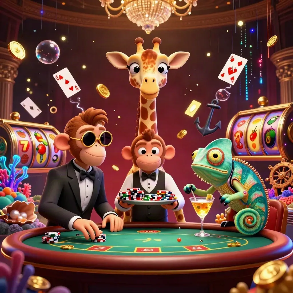 Giraffe, monkey, and chameleon at a luxe blackjack table amid casino treasure effects.