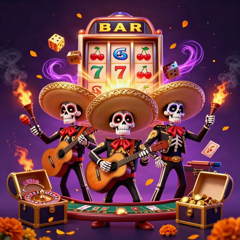 Day-of-the-Dead skeleton mariachi trio amid jackpot slot, dice, roulette wheel and gold chest.