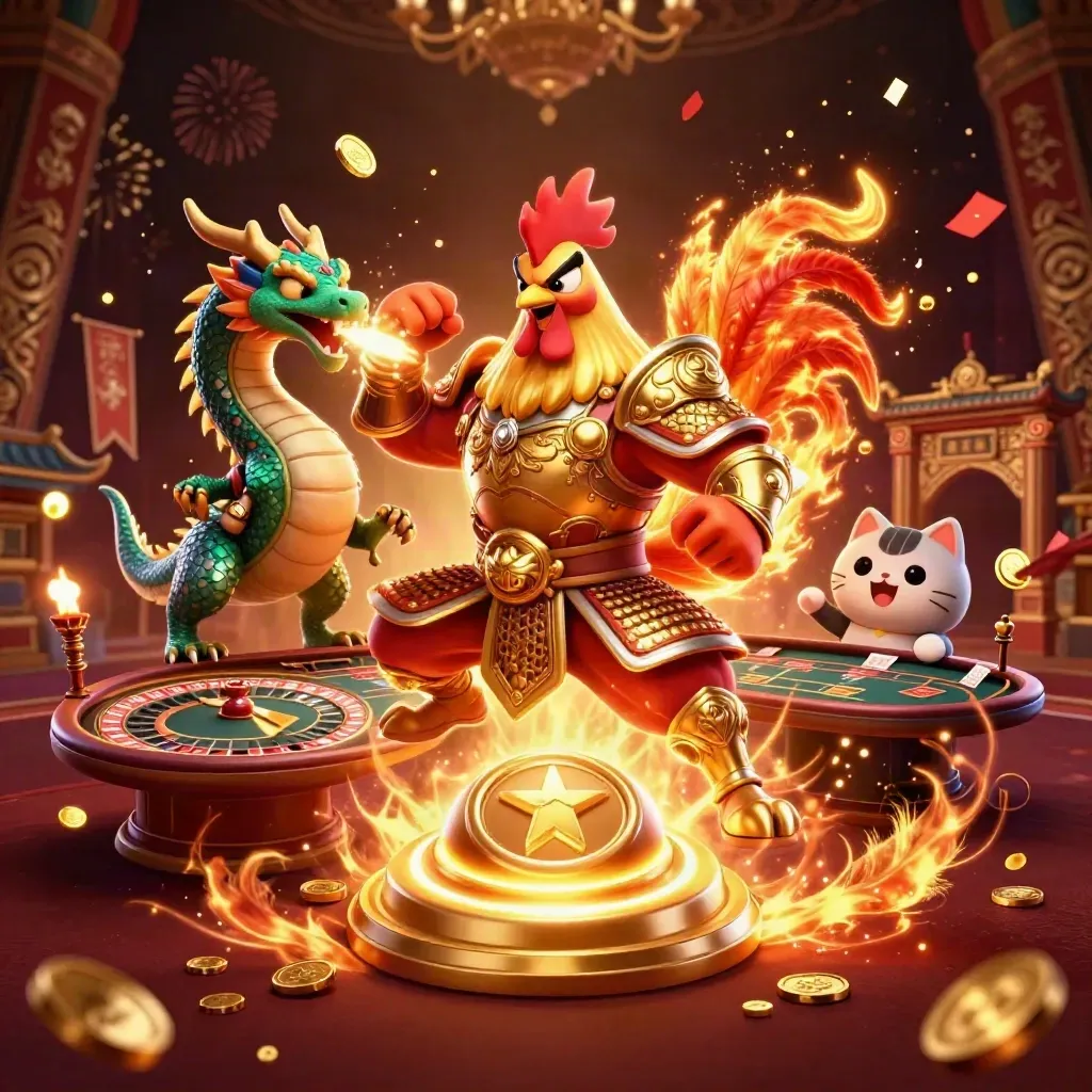 Rooster warrior, dragon hatchling and fortune cat around a glowing dealer button in casino gold