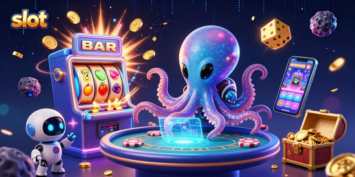Immerse in the slot experience with an alien octopus operating a holographic table surrounded by vibrant gaming elements.