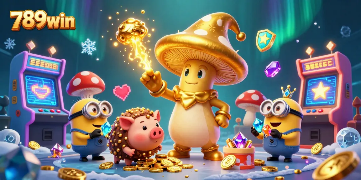 Experience the magic of 789win with a golden wizard, treasure-finding pig, and dazzling casino elements.