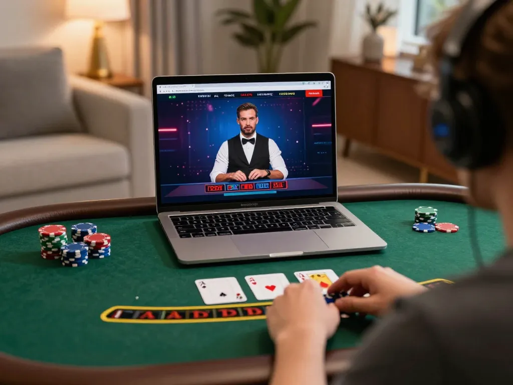 Engaging online gambling experience at okfun with live dealer blackjack on laptop showing strategic gameplay.
