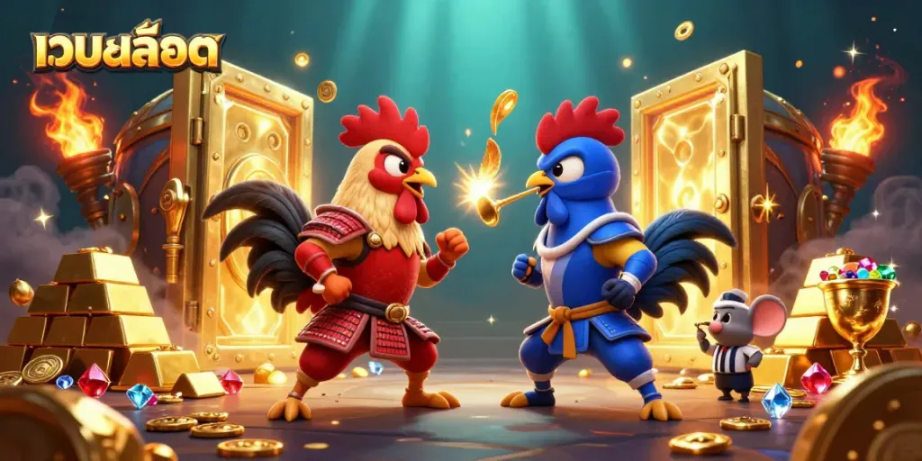 Engage in เว็บสล็อต gaming as fighting roosters face off in vibrant 3D artwork.