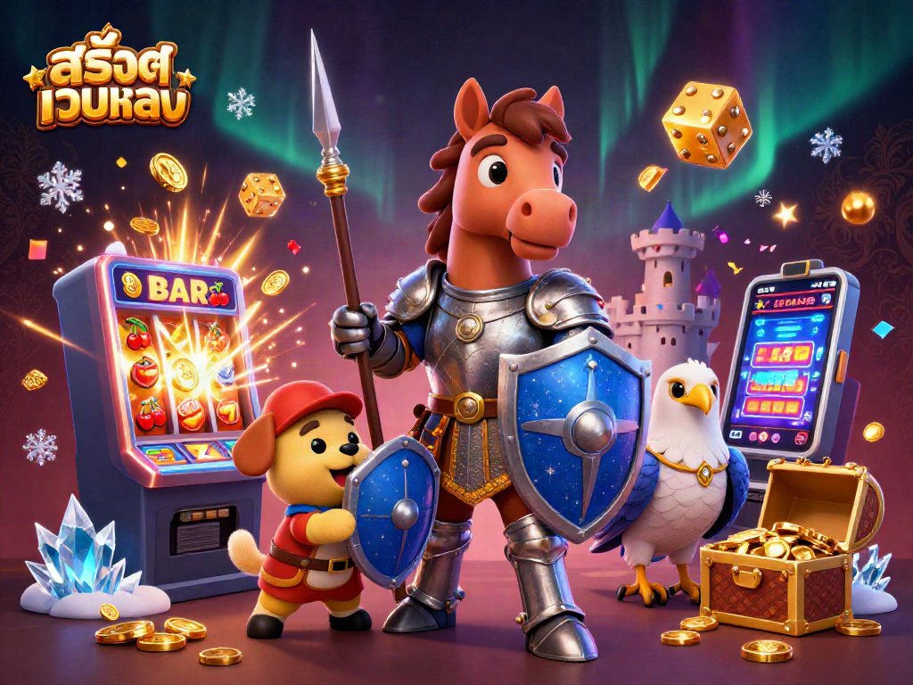 Engage with the vibrant scene of สล็อตเว็บตรง featuring a knight, puppy, and falcon amidst explosive casino graphics.